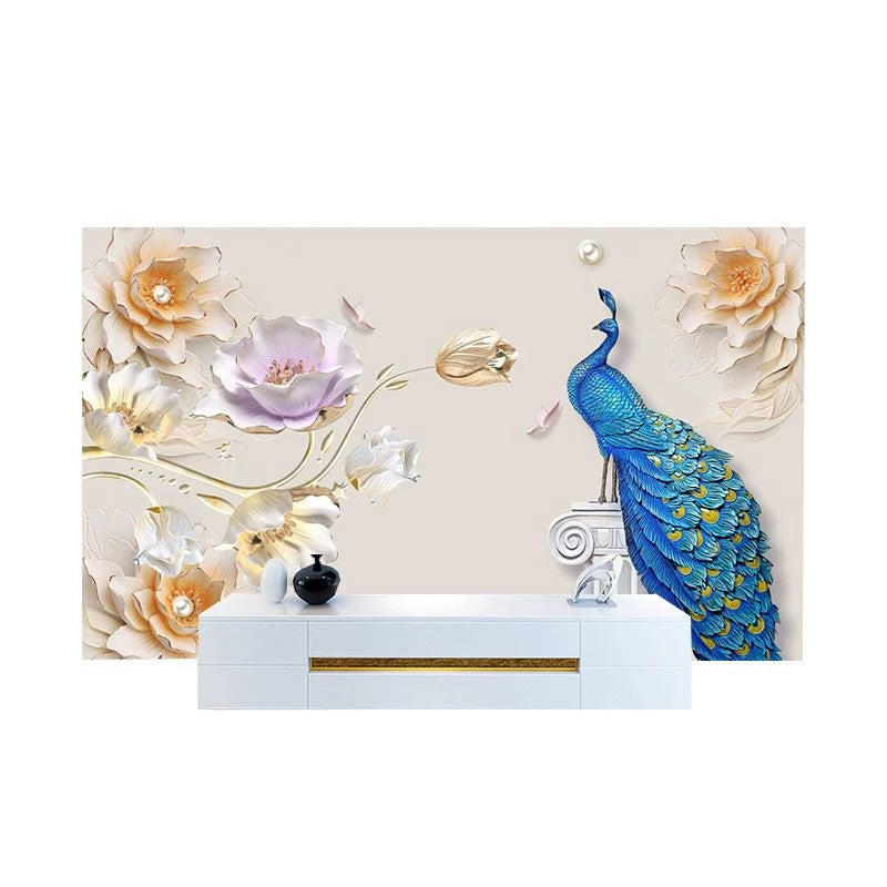 European-Style 3D TV Background Wallpaper Chinese Style Living Room Bedroom Peacock 5 8D Three-Dimensional Concave-Convex Relief Wall Cloth Mural