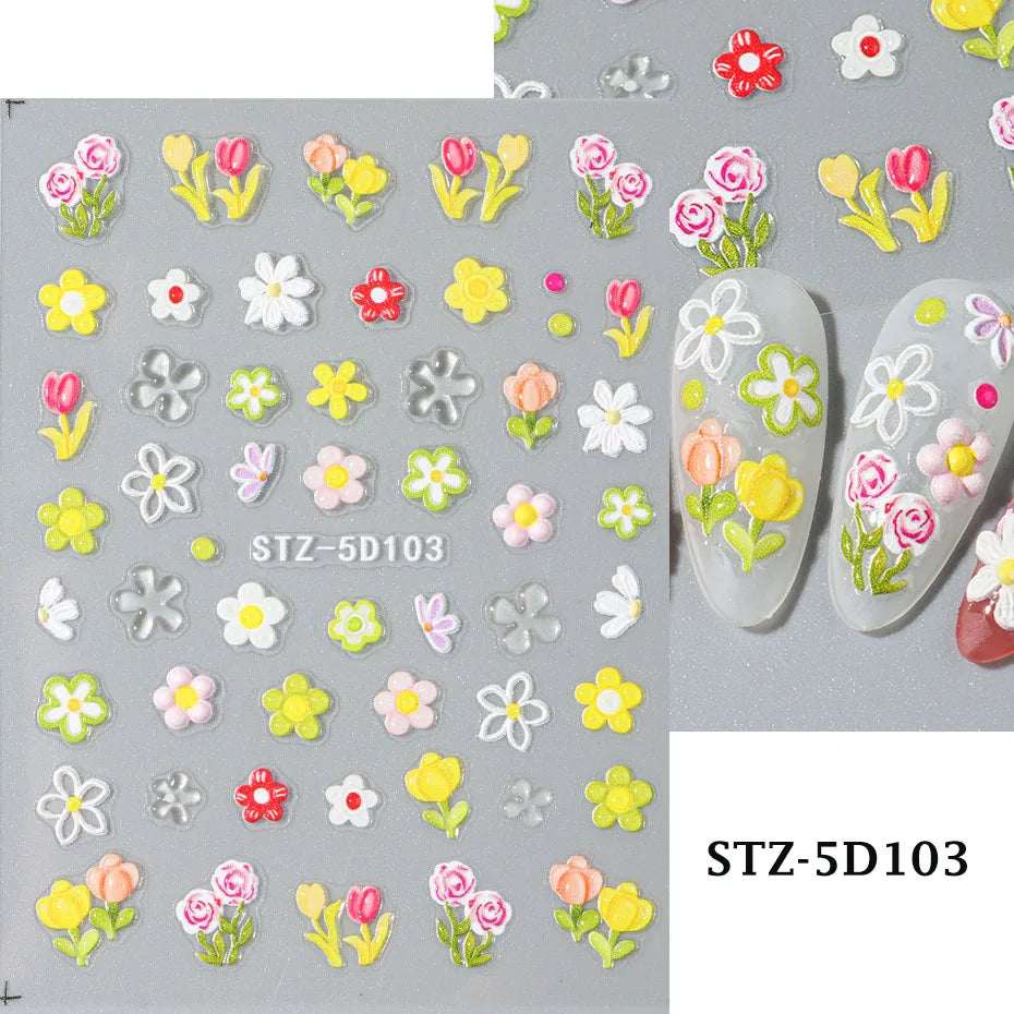 5D Embossed Flower Nail Stickers Decals Sunflower Daisy Spring Engraved Sliders DIY Manicure Decoration Accesories