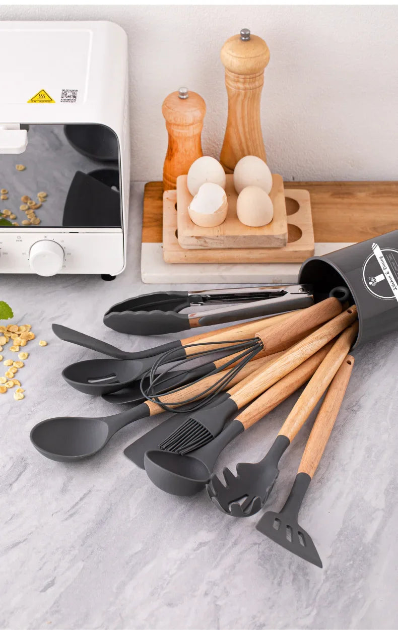 12Set of Wooden Handle Silicone Household Kitchen Tools Non-Stick Pan Cooking Spatula and Soup Spoon Silicone Kitchenware Set