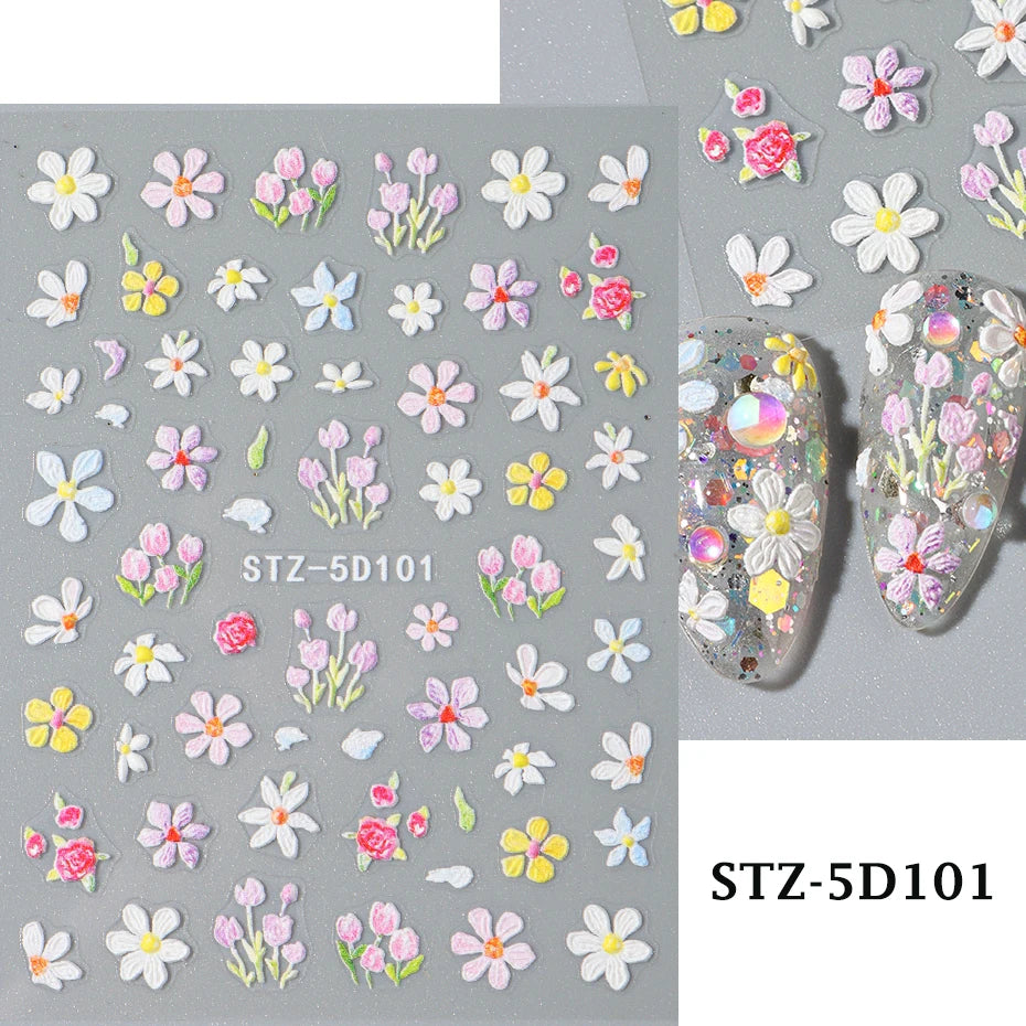 5D Embossed Flower Nail Stickers Decals Sunflower Daisy Spring Engraved Sliders DIY Manicure Decoration Accesories