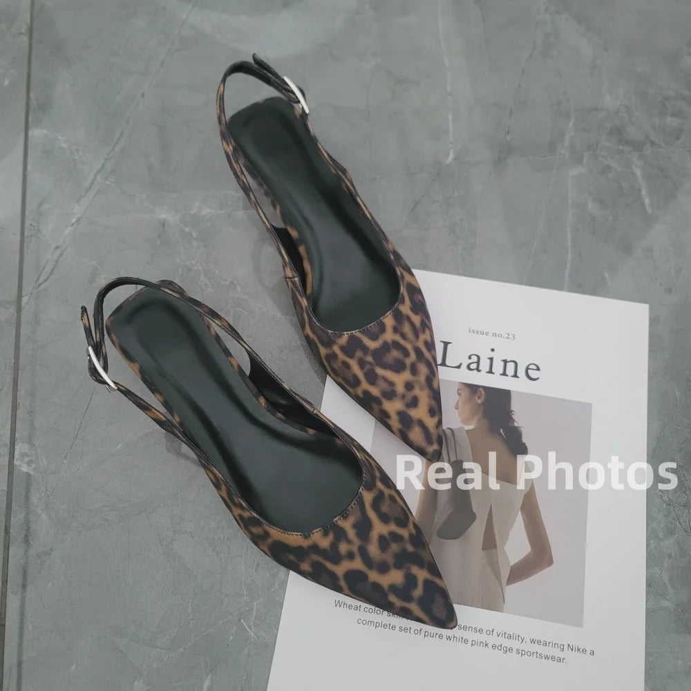 FEDONAS Ins Women Kitten Heels Slingbacks Sandals Leopard Genuine Leather Pointed Toe Party Wedding Shoes Woman Quality Pumps