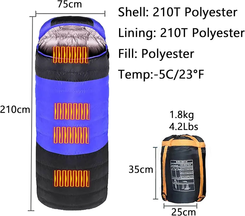 -5℃ USB Heated Sleeping Bag Winter Wearable Adult Electric Thermal Warm 4 Season Outdoor Camping Hiking Traveling(NO Power bank