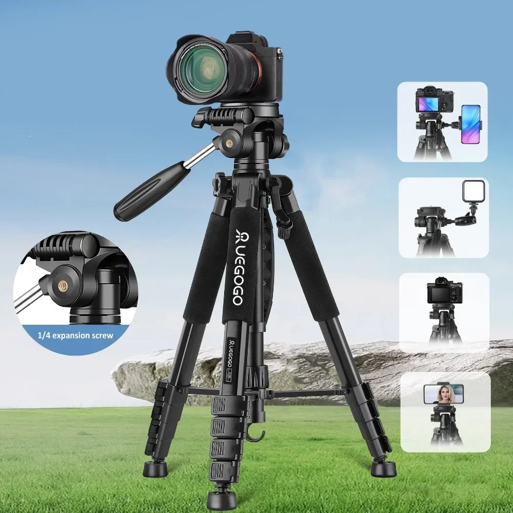 Q188 187cm/73in Tall Tripod Stand for Professional Camera Spotlight Telescope Binoculars 360° Rotatable Phone Holder for Video
