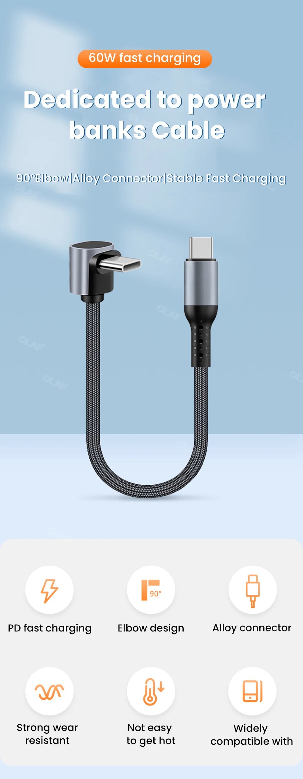 25cm/50cm Short USB Type C to Type C Cable 90 Degree Elbow USB C Cable Fast Charging For iphone 15 Xiaomi Huawei Power Bank Wire