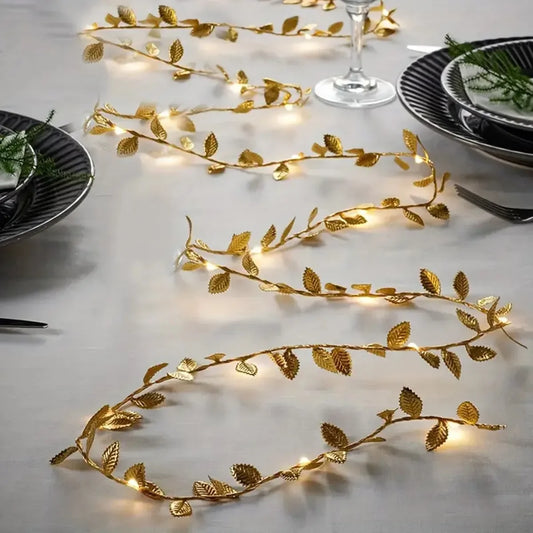 1PC 2M 20LED Golden Tiny Leaves Fairy Light Battery Powerd Led Copper Wire String Lights for Wedding Home Party DIY Xmas Decor