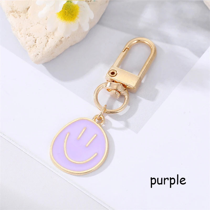 Lovely Smile Face Keychain Cute White Purple Yellow Pink Blue Black Enamel Metal Key Ring Bag Accessories For Women Ladies