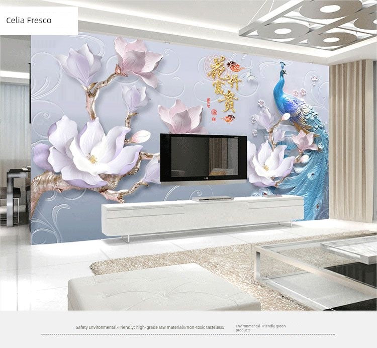 European-Style 3D TV Background Wallpaper Chinese Style Living Room Bedroom Peacock 5 8D Three-Dimensional Concave-Convex Relief Wall Cloth Mural