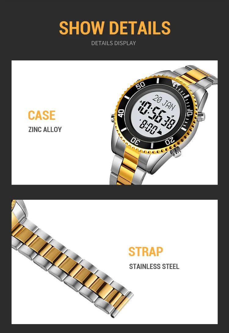 SKMEI 2141 Stainless Steel Digital Watche Muslim Azan Prayer Compass Clock Adhan Alarm Hijri Islamic Wristwatch with Back Light