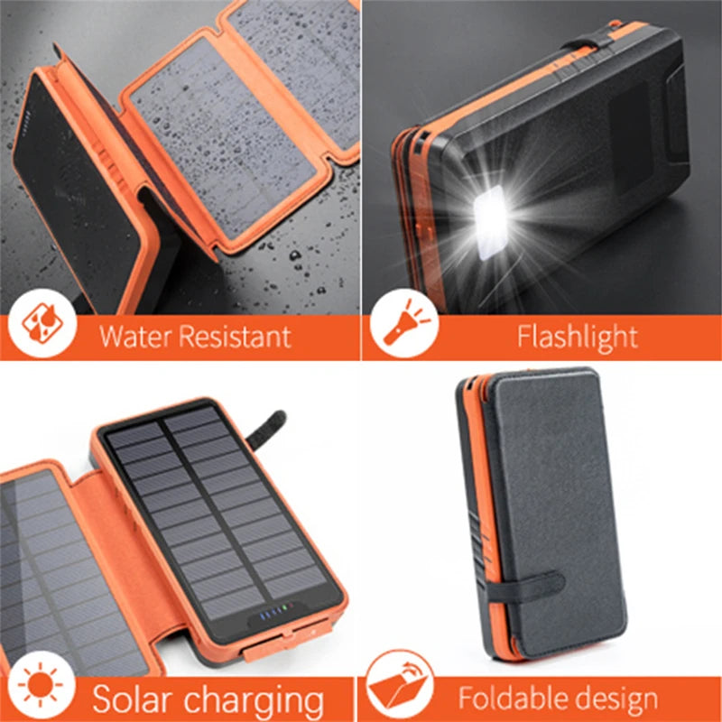 Folding Solar Power Bank 20000mAh Portable External Battery Charger for iPhone 14 13 Powerbank with LED Light Dual 2.1A USB Port