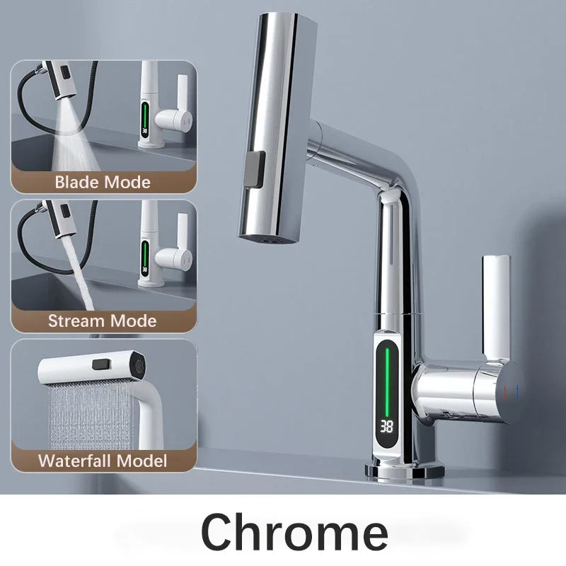 Waterfall Temperature Digital Display Basin Faucet Lift Up Down Stream Sprayer Hot Cold Water Sink Mixer Wash Tap For Bathroom