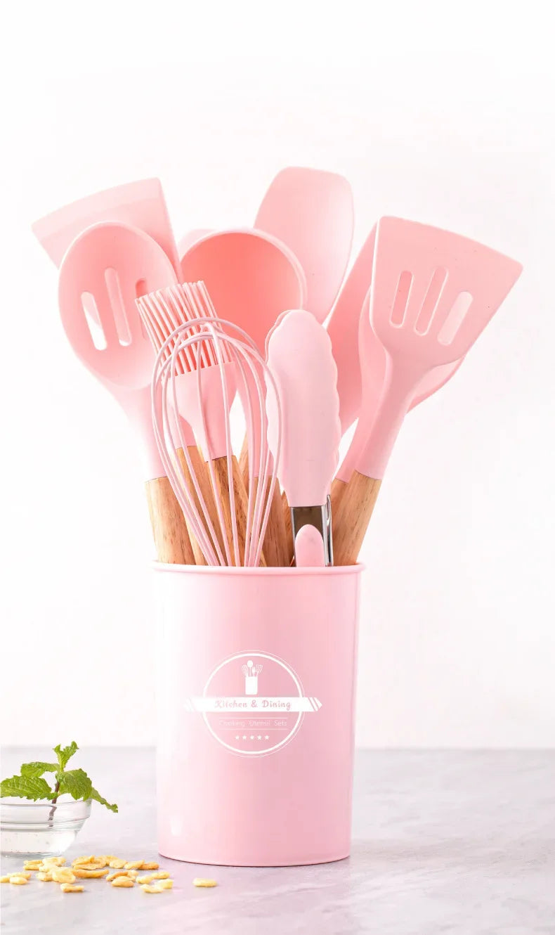 12Set of Wooden Handle Silicone Household Kitchen Tools Non-Stick Pan Cooking Spatula and Soup Spoon Silicone Kitchenware Set