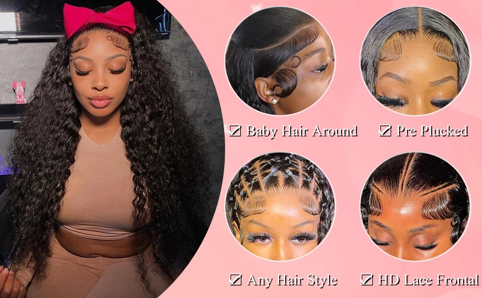 Long Deep Wave Lace Front Wigsfor Women 210% Density Curly Lace Frontal Wigs Human Hair Pre Plucked Natural Black (38 Inch)
