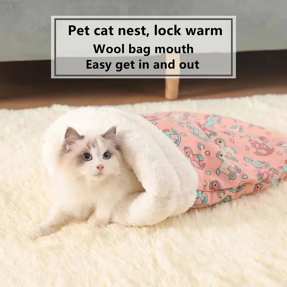 Cat Sleeping Bag Soft Cuddly Fluffy Feel Thickened Pet Pocket Type Quilt Bed Kitten Puppy Soft Comfortable Nest Pet Supplies