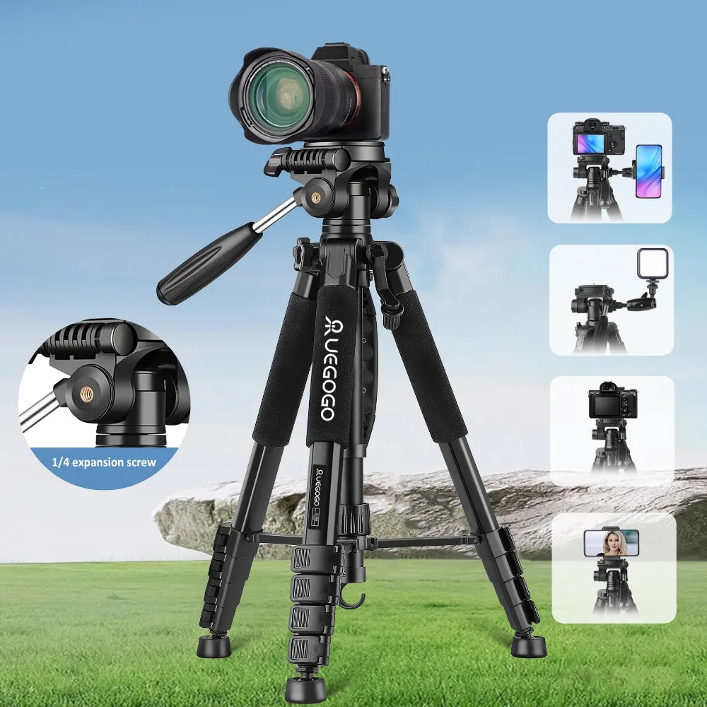 Q188 187cm/73in Tall Tripod Stand for Professional Camera Spotlight Telescope Binoculars 360° Rotatable Phone Holder for Video