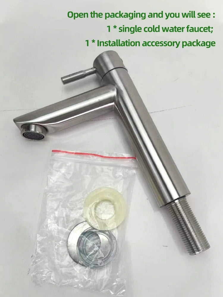 Basin Faucet 304 Stainless Steel Single Cold Water Tap Black Silver Color Deck Mounted Basin Sink Tap G1/2