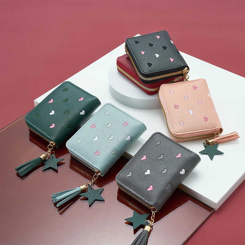 Pu Leather Card Bag Mini Wallet Ladies Money Clip Love Embroidery Multifunctional Wallet Women Short Certificate Storage Bags