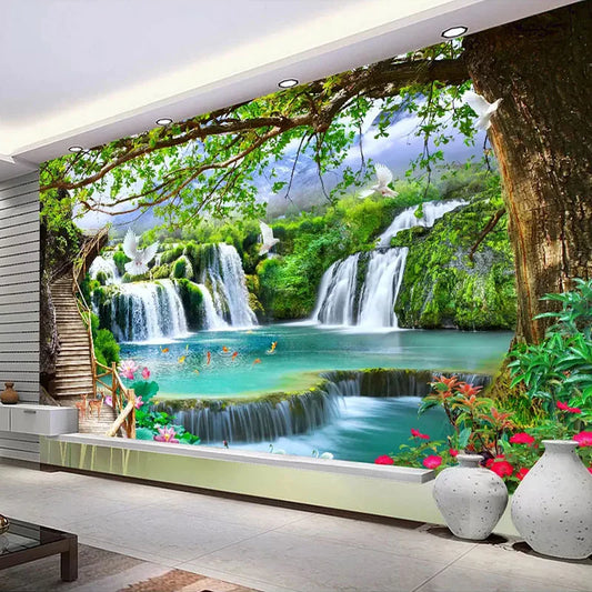 Green Big Tree Waterfall Nature Landscape Wall Painting Custom 3D Photo Wallpaper For Living Room TV Background Mural De Parede