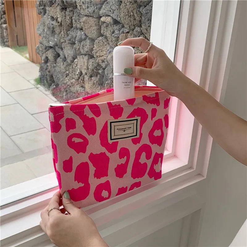 Pink Leopard Print Women Cosmetic Bag Retro Flower Ladies Small Clutch Purse Travel Handbags Schoolgirl Pencil Storage Bags