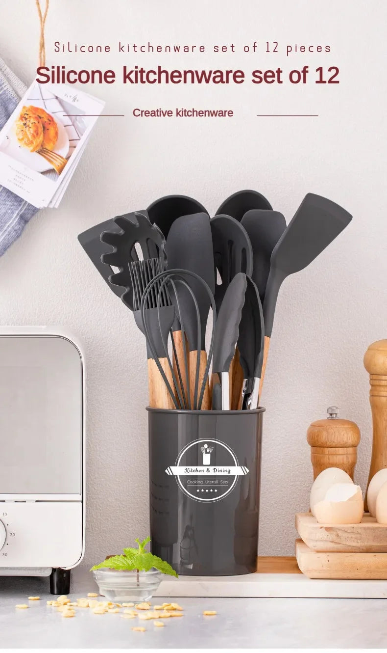 12Set of Wooden Handle Silicone Household Kitchen Tools Non-Stick Pan Cooking Spatula and Soup Spoon Silicone Kitchenware Set
