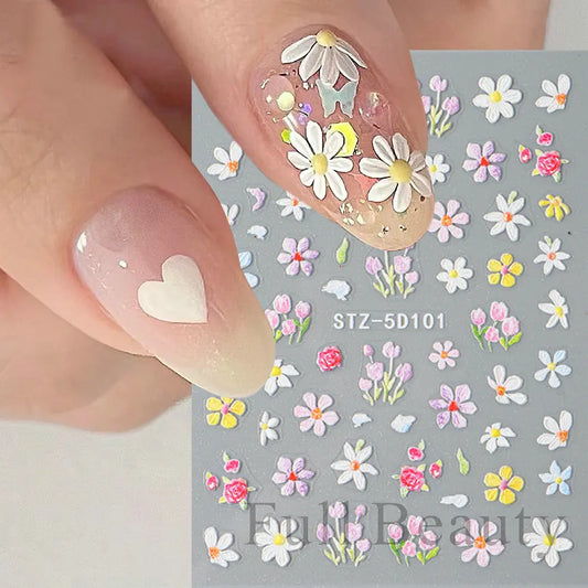 5D Embossed Flower Nail Stickers Decals Sunflower Daisy Spring Engraved Sliders DIY Manicure Decoration Accesories