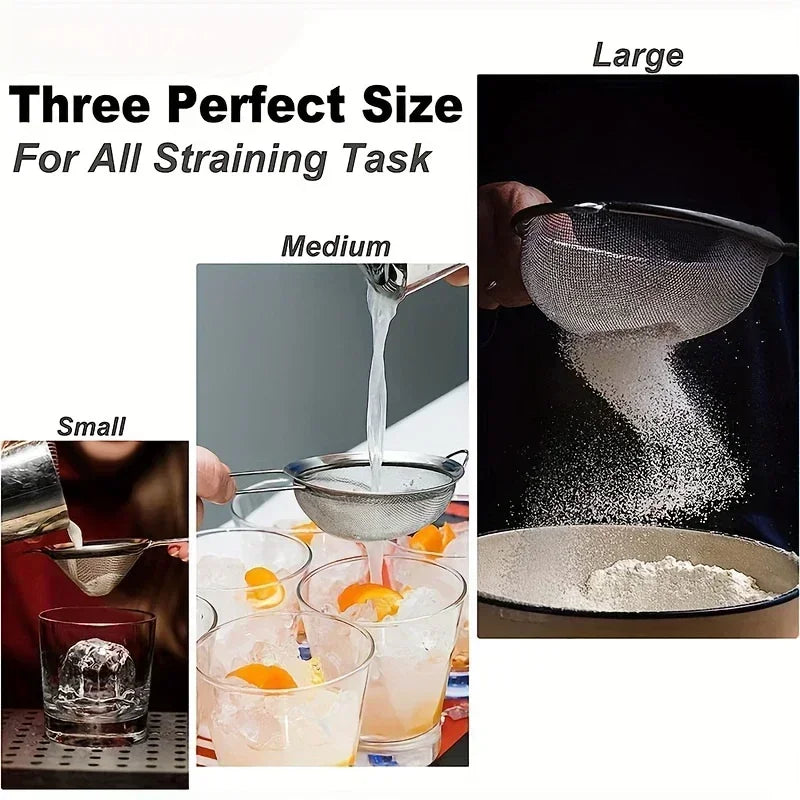 3pcs Sets Stainless Steel Fine Mesh Food Strainer Sifter for Baking with Handle Flour Sieve Sifter Juice Soy Milk Kitchen Tool