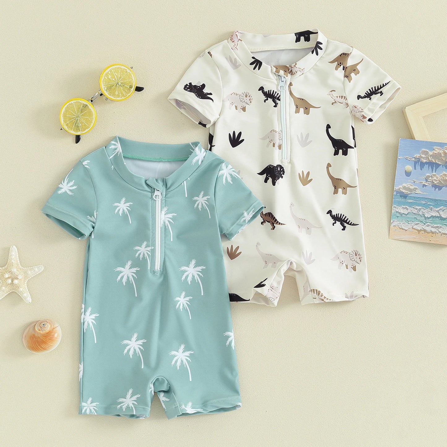 ma&baby 0-3Y Newborn Infant Toddler Baby Boy Girl Swimsuit Dinosaur Coconut Tree Short Sleeve Swimwear Beachwear Bathing Suit