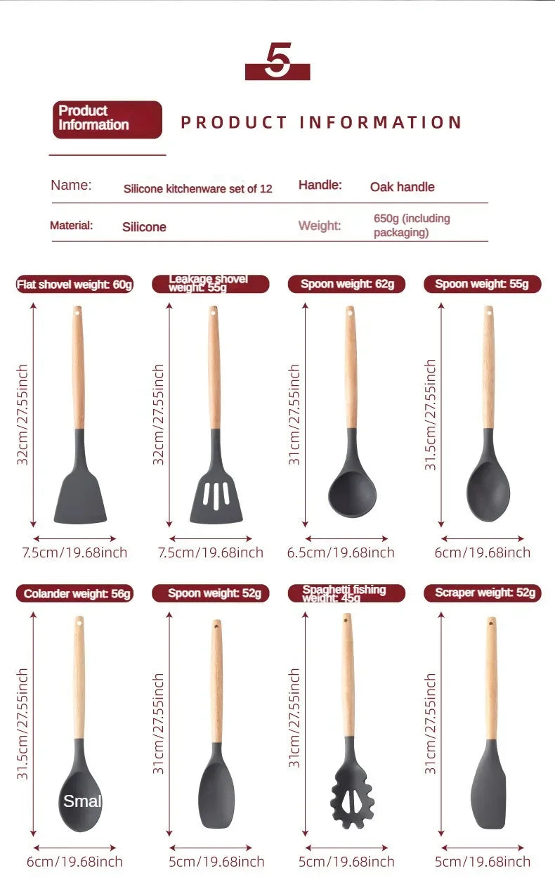 12Set of Wooden Handle Silicone Household Kitchen Tools Non-Stick Pan Cooking Spatula and Soup Spoon Silicone Kitchenware Set