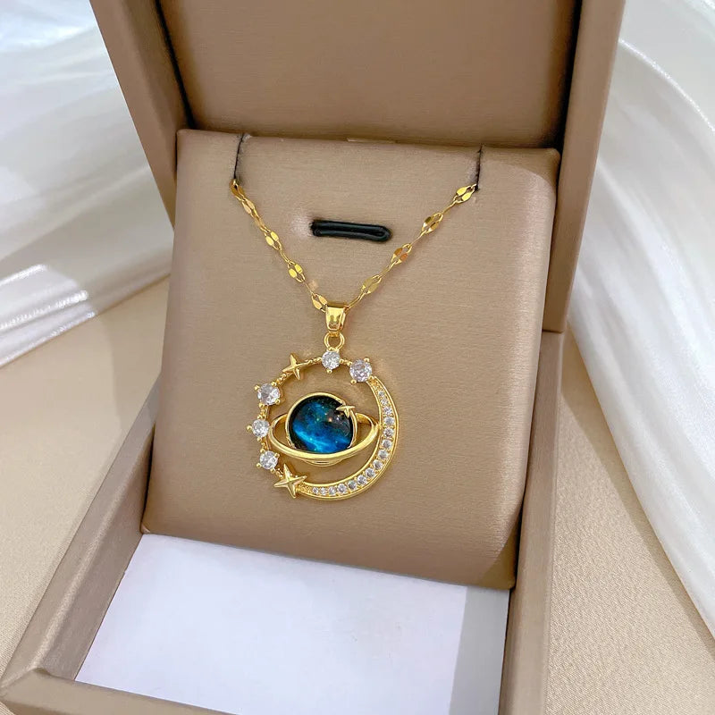 Blue Fantasy Saturn Planet Crystal Necklace for Women Girls Accessories Jewelry Gifts for Friends Family Stainless Steel Chain
