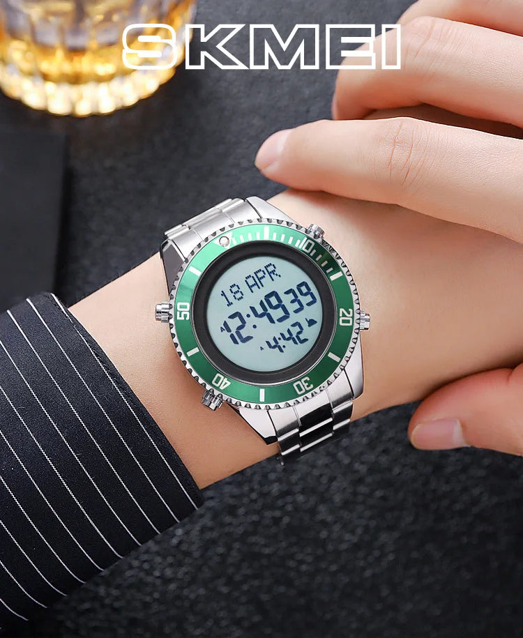 SKMEI 2141 Stainless Steel Digital Watche Muslim Azan Prayer Compass Clock Adhan Alarm Hijri Islamic Wristwatch with Back Light