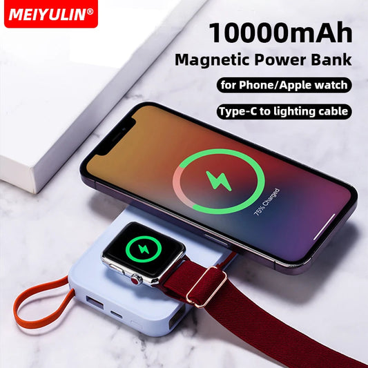 10000mAh Magnetic Wireless Power Bank With Cable Portable USB C Fast Charging External Battery For IPhone 15 Samsung Apple Watch