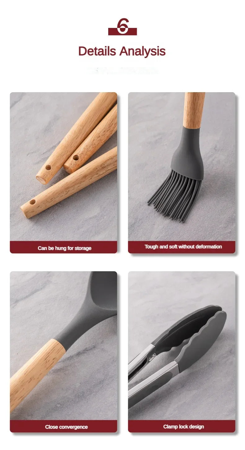 12Set of Wooden Handle Silicone Household Kitchen Tools Non-Stick Pan Cooking Spatula and Soup Spoon Silicone Kitchenware Set
