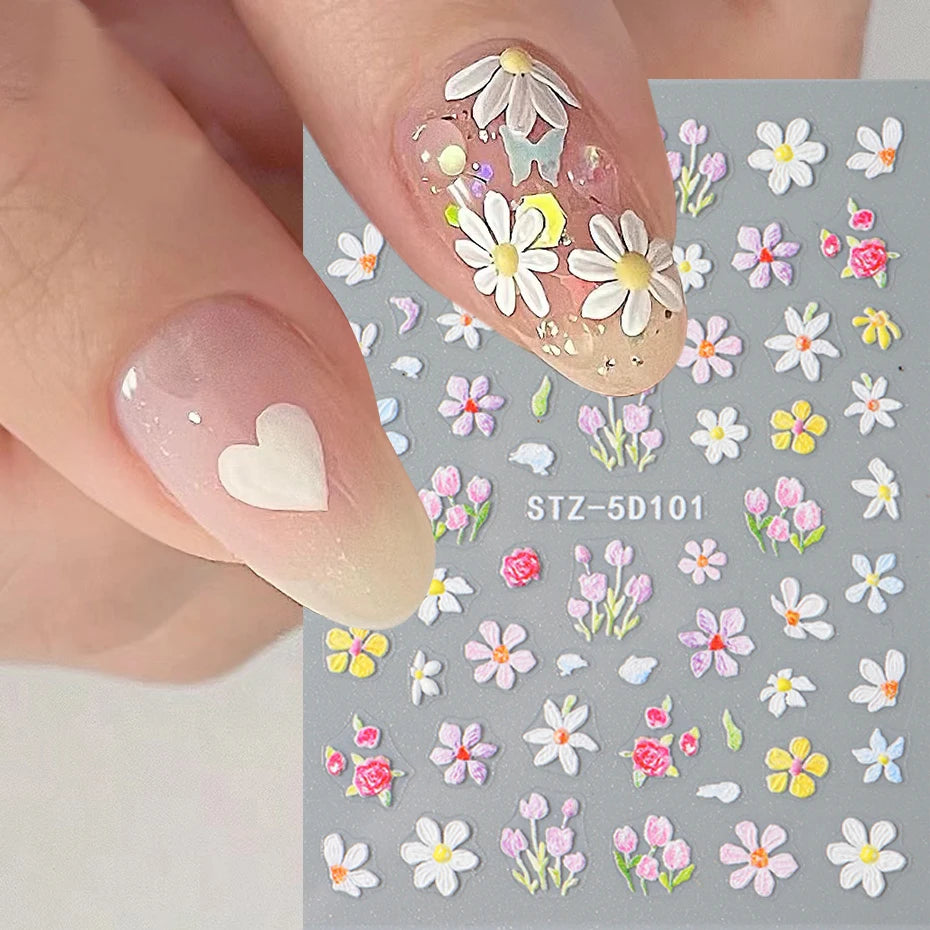 5D Embossed Flower Nail Stickers Decals Sunflower Daisy Spring Engraved Sliders DIY Manicure Decoration Accesories