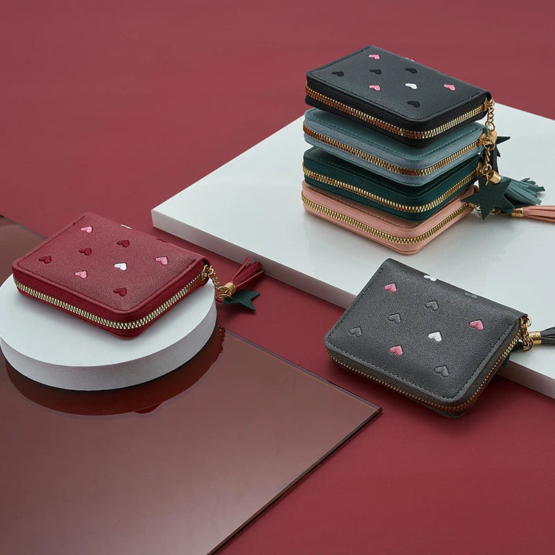Pu Leather Card Bag Mini Wallet Ladies Money Clip Love Embroidery Multifunctional Wallet Women Short Certificate Storage Bags