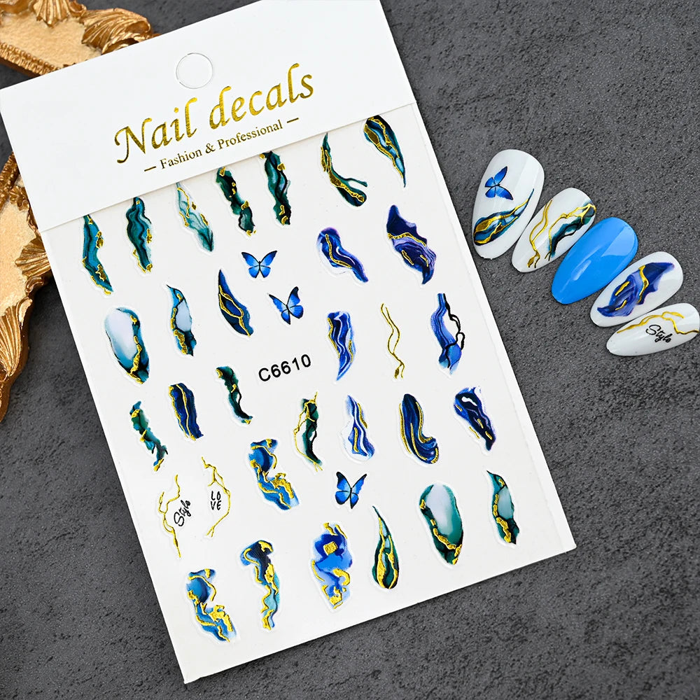 1Pcs Blue Purple Marble Stripe 3D Nail Art Stickers Bronzing Wave Line Ink Blooming Geometry Slider Self-Adhesive Manicure Decal