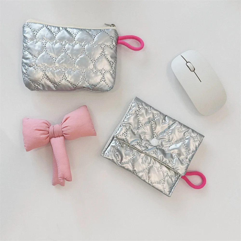 Silver Lingge Bow Pattern  Coin Purses Small Canvas Coin Wallet Lady Girls Earphone Coin Key Money Storage Bag Zipper Pouch