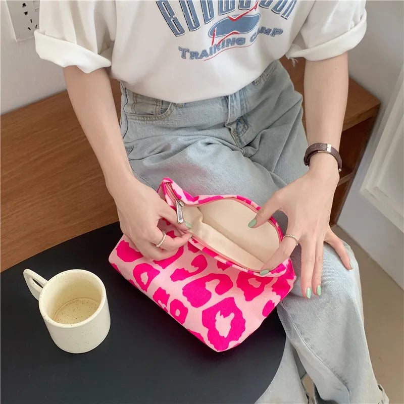 Pink Leopard Print Women Cosmetic Bag Retro Flower Ladies Small Clutch Purse Travel Handbags Schoolgirl Pencil Storage Bags