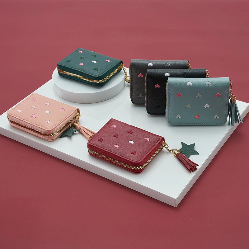 Pu Leather Card Bag Mini Wallet Ladies Money Clip Love Embroidery Multifunctional Wallet Women Short Certificate Storage Bags