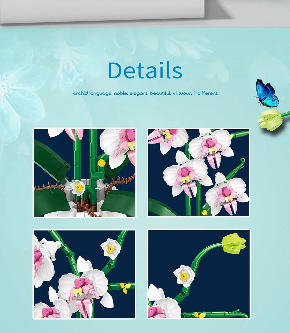616PCS Orchid Building Blocks Flowers Bouquet Flower Blocks Bonsai Plant Model Bricks Romantic Home Decoration Toy For Kids Gift