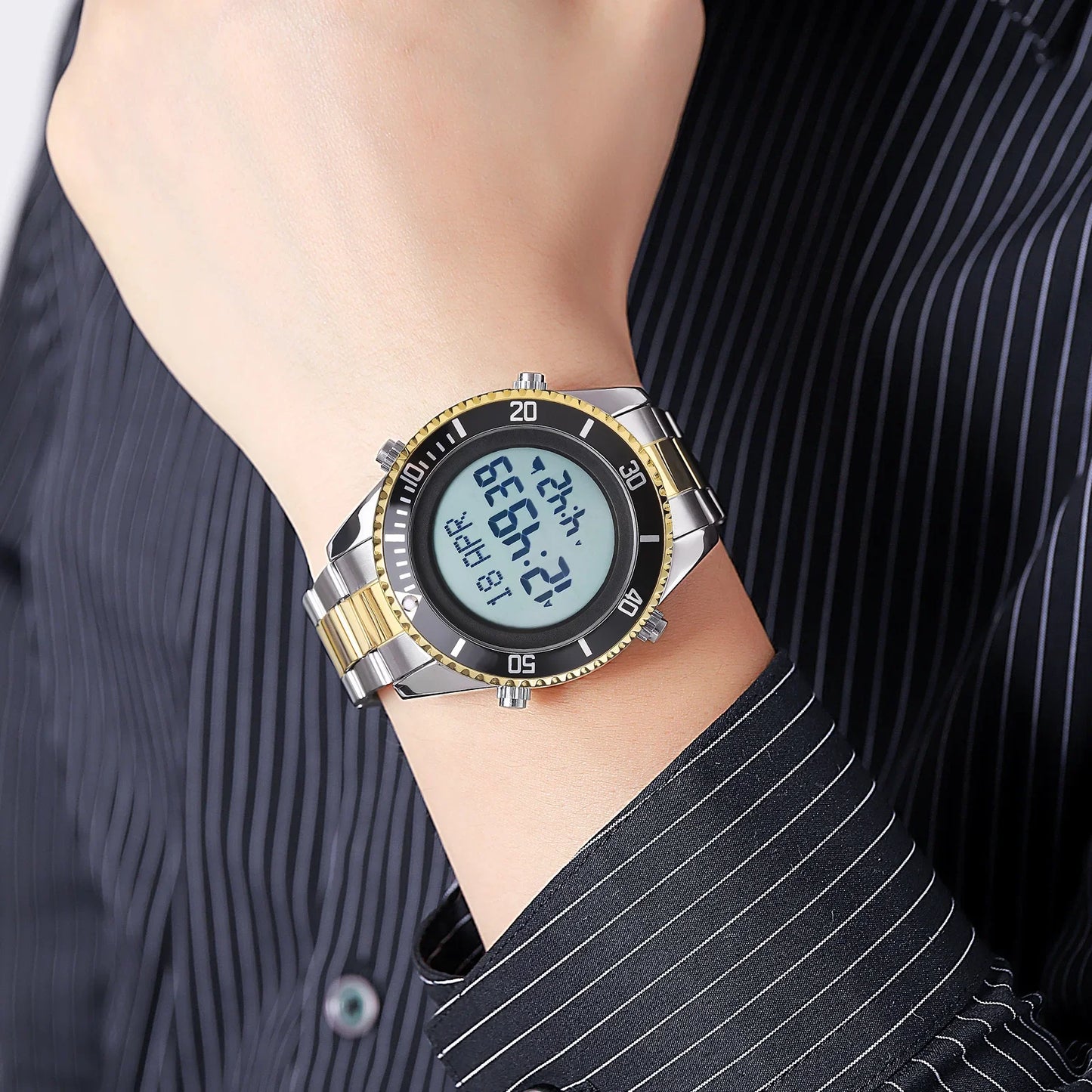 SKMEI 2141 Stainless Steel Digital Watche Muslim Azan Prayer Compass Clock Adhan Alarm Hijri Islamic Wristwatch with Back Light