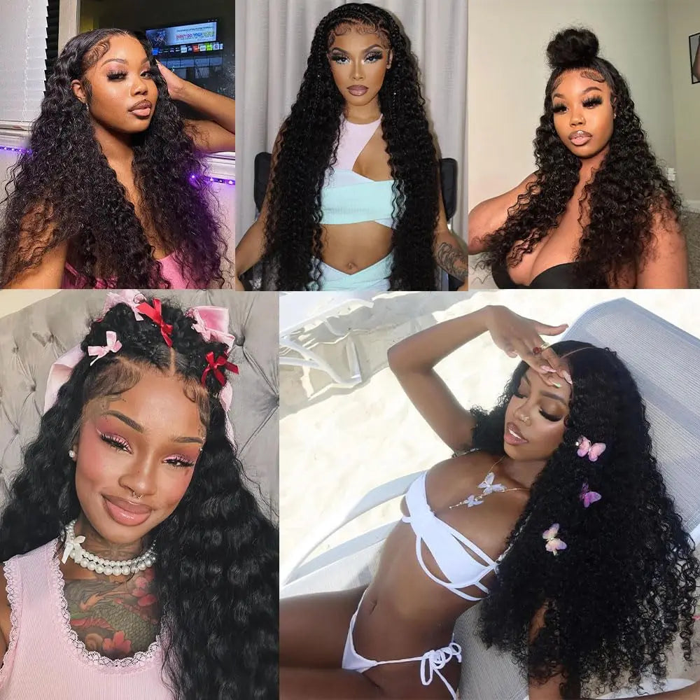 Long Deep Wave Lace Front Wigsfor Women 210% Density Curly Lace Frontal Wigs Human Hair Pre Plucked Natural Black (38 Inch)