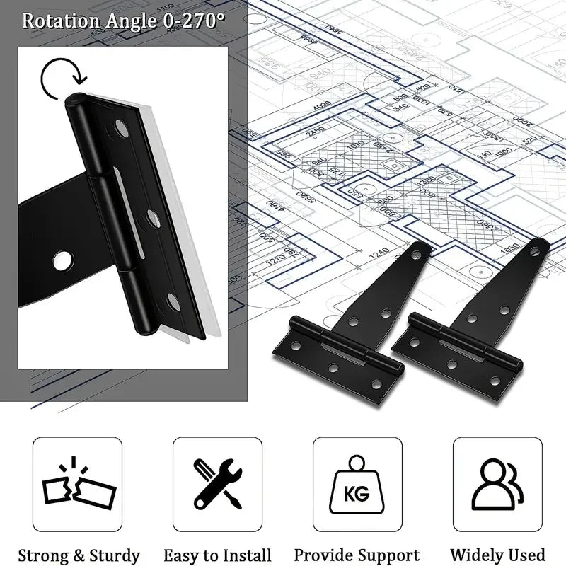 4Pcs T-Hinge Gate Shed Hinges In Black, 3 Inch Door Barn, Heavy Duty T-Strap