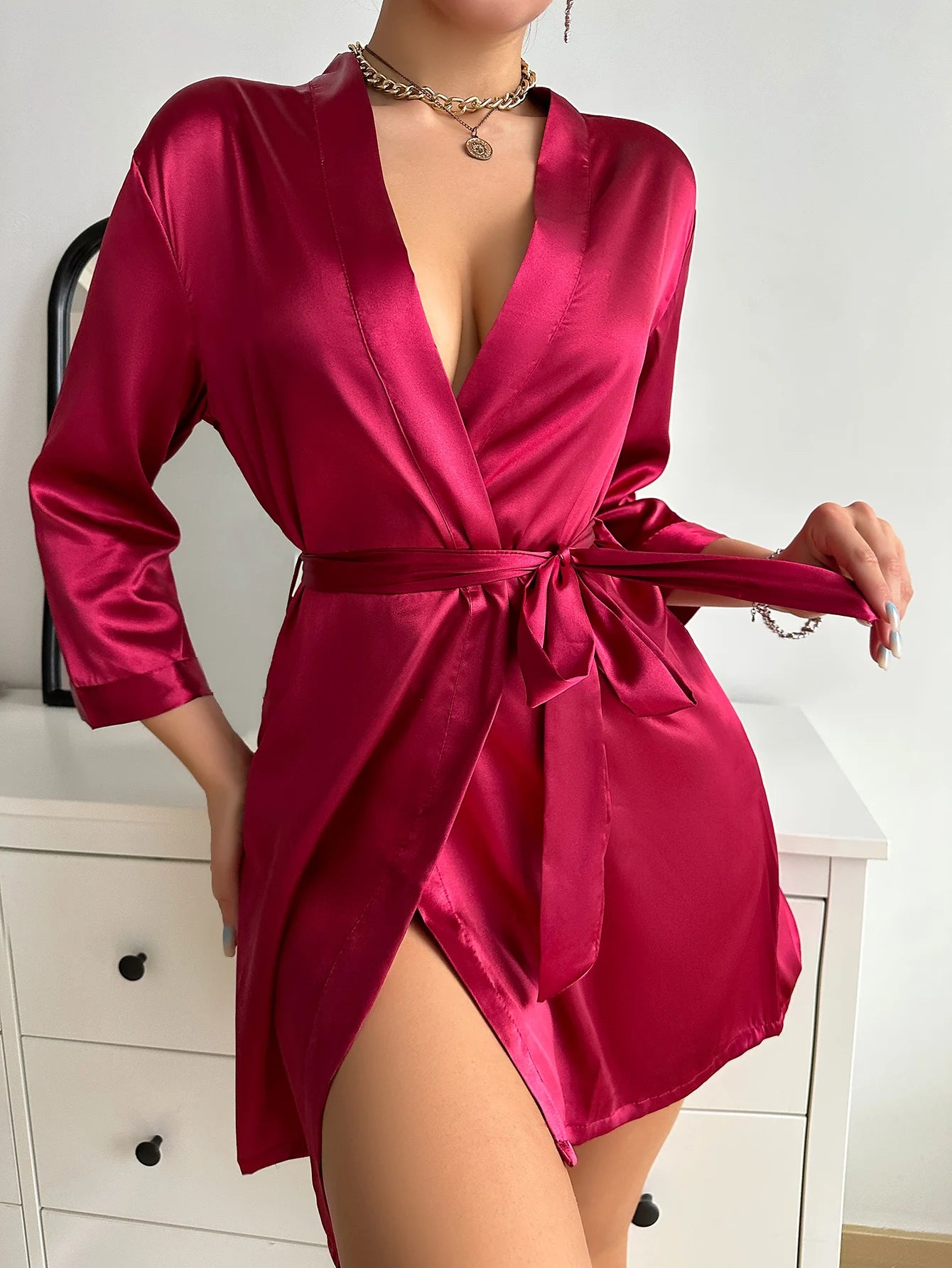 Pajamas women summer European and American ladies lace-up bathrobe sexy morning gown home dress can wear ice silk robe