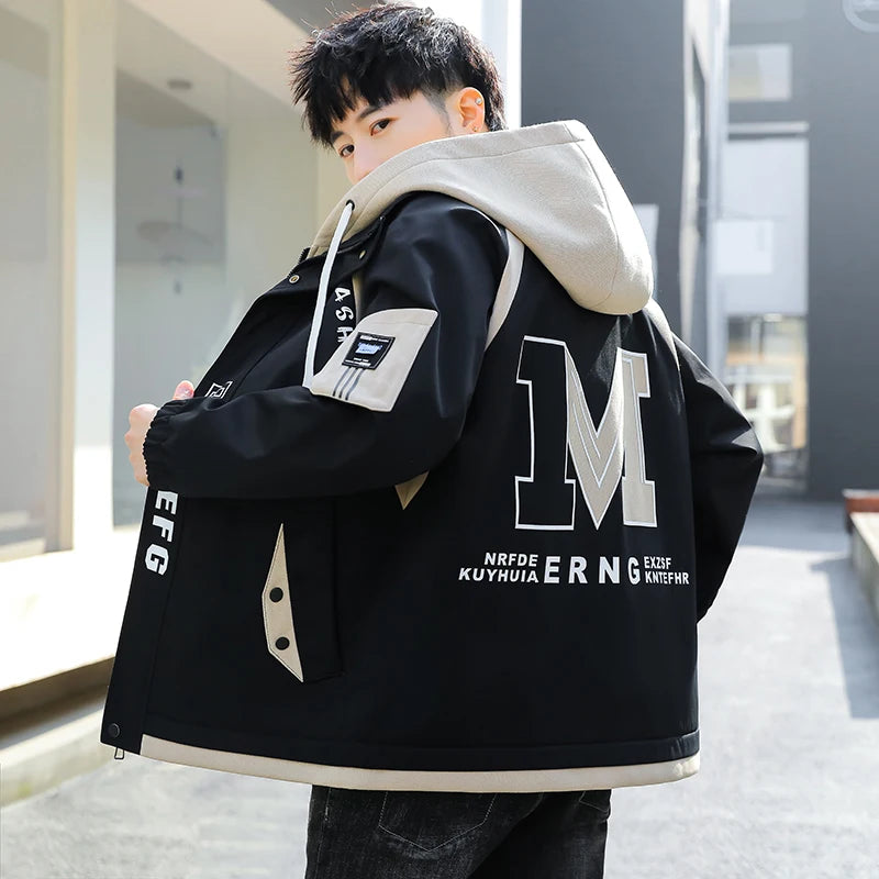 Fashion Spring Autumn Casual Hooded Jacket For Men's Loose Coat Hip Hop Streetwear Zipper Windbreaker Youth Outdoor Top Clothing