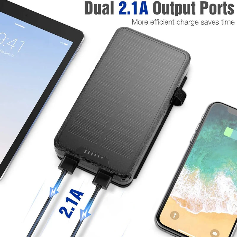 Folding Solar Power Bank 20000mAh Portable External Battery Charger for iPhone 14 13 Powerbank with LED Light Dual 2.1A USB Port