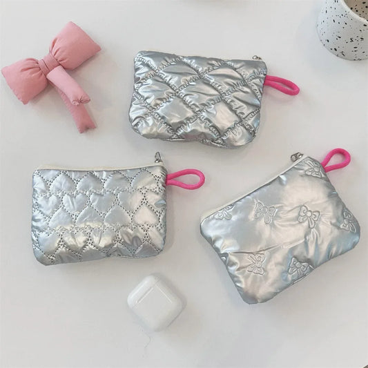 Silver Lingge Bow Pattern  Coin Purses Small Canvas Coin Wallet Lady Girls Earphone Coin Key Money Storage Bag Zipper Pouch