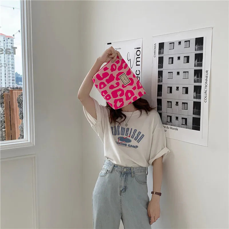 Pink Leopard Print Women Cosmetic Bag Retro Flower Ladies Small Clutch Purse Travel Handbags Schoolgirl Pencil Storage Bags