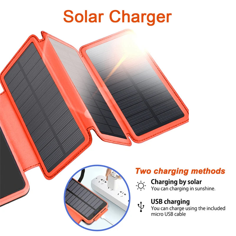 Folding Solar Power Bank 20000mAh Portable External Battery Charger for iPhone 14 13 Powerbank with LED Light Dual 2.1A USB Port