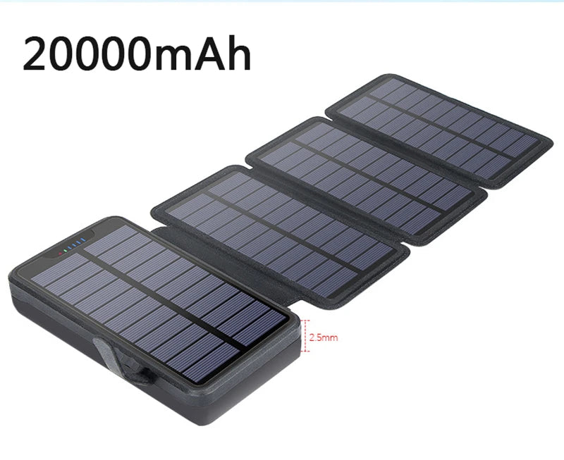 Folding Solar Power Bank 20000mAh Portable External Battery Charger for iPhone 14 13 Powerbank with LED Light Dual 2.1A USB Port