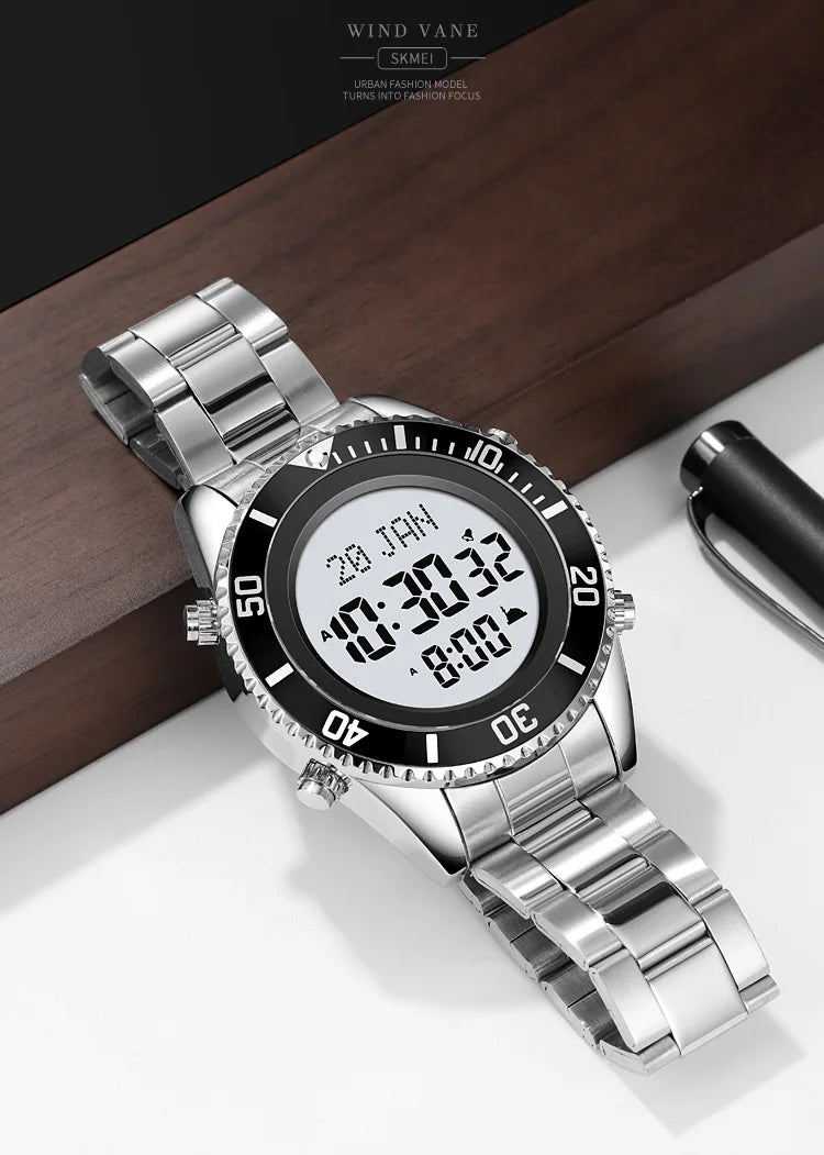 SKMEI 2141 Stainless Steel Digital Watche Muslim Azan Prayer Compass Clock Adhan Alarm Hijri Islamic Wristwatch with Back Light