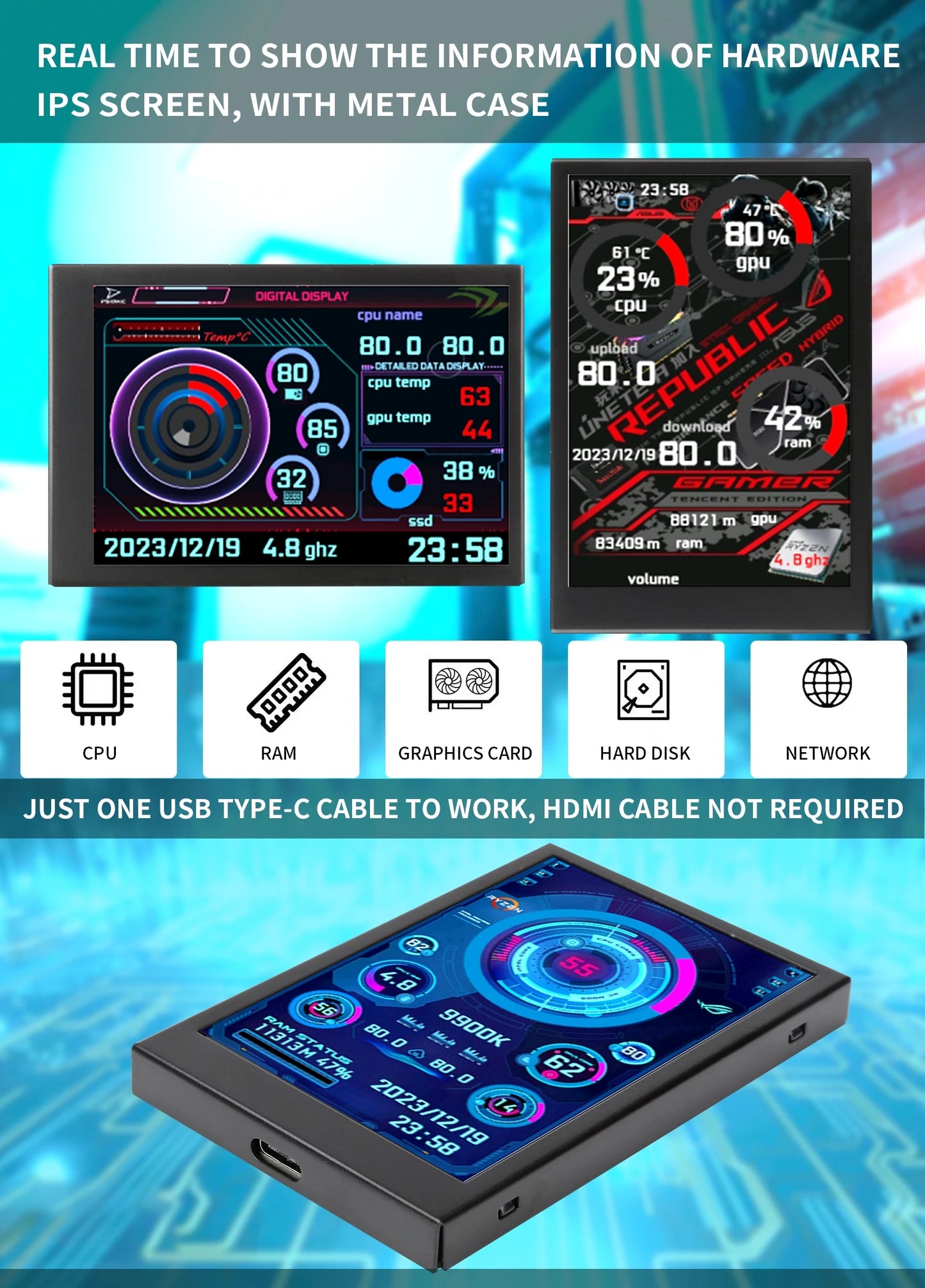 New 3.5 Inch IPS TYPE-C Secondary Screen Computer CPU GPU RAM HDD Monitor USB Display For Freely AIDA64